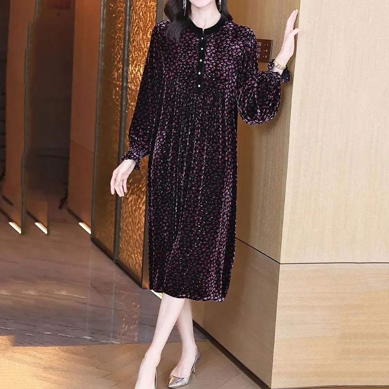 Top Trends: Autumn And Winter Elegant Female 2023 New High End Round Neck Broken Flower Print Petal Long Sleeve Velvet A-line Dresses Shoppable Styles