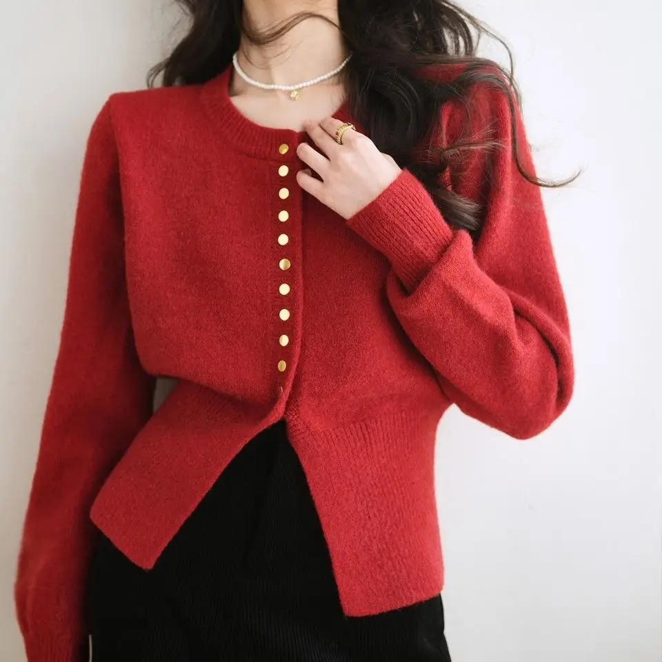 Top Trends: French Vintage Knitted Cardigan For Women Autumn Winter Long Sleeve Gold Buttons Basic Tops Female Christmas Red Sweater Shoppable Styles