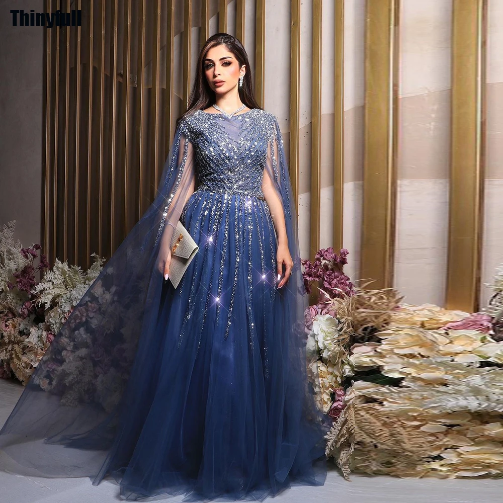 Top Trends: Thinyfull Saudi Arabia O-Neck Evening Party Gown Cap Sleeves A-line Prom Dresses Sequined Dubai Wedding Formal Occasion Dress Shoppable Styles