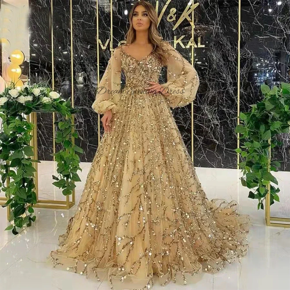 Top Trends: Dream Evening Dress Luxury 2023 Gold Shiny Sweetheart Robe Long Sleeve A-Line Sequins Formal Occasion Dresses Customized Shoppable Styles