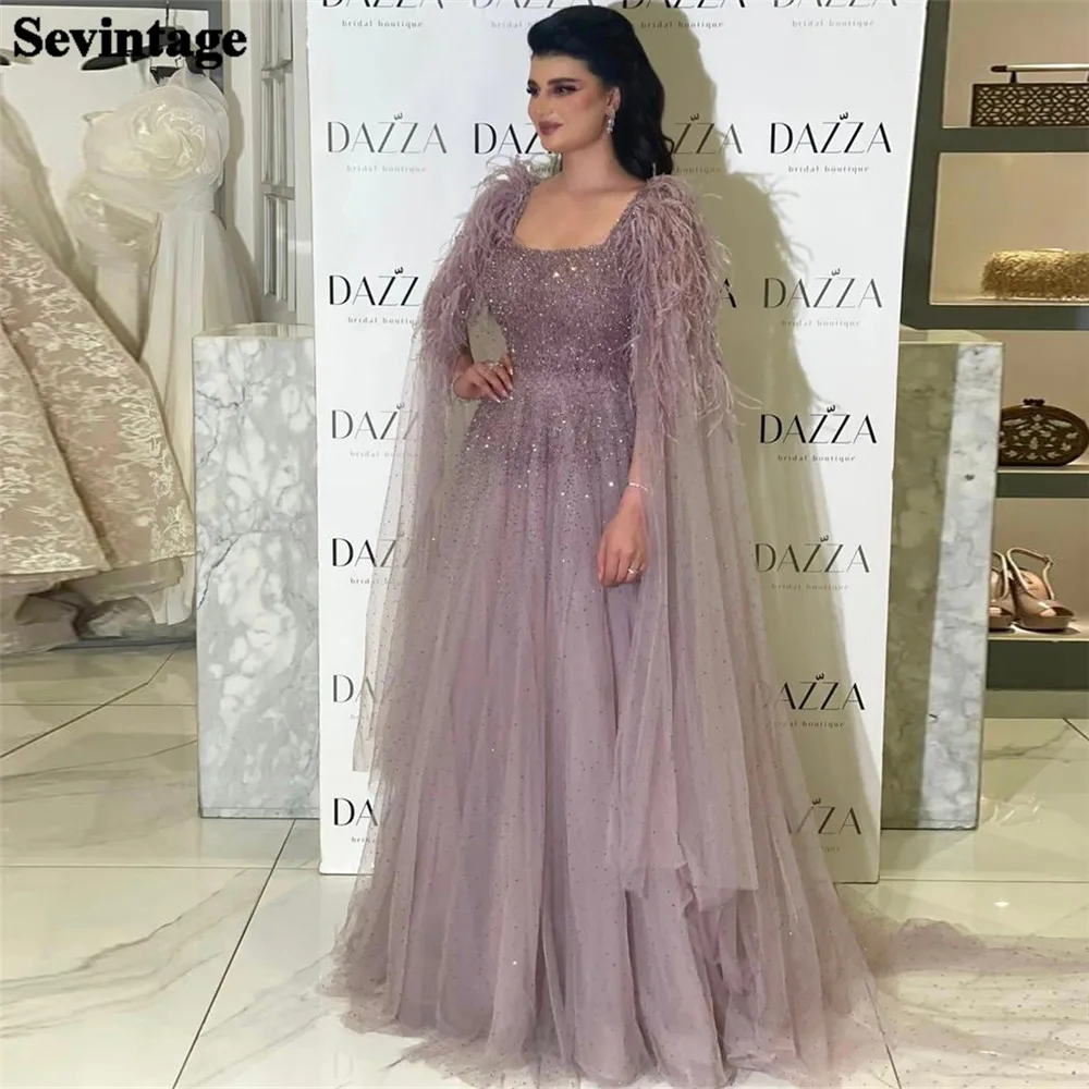 Top Trends: Sevintage Noble Saudi Arabic Evening Dresses Square Collar A-Line Sequineds Cap Sleeves Feathers Prom Dresses For Women 2023 Shoppable Styles