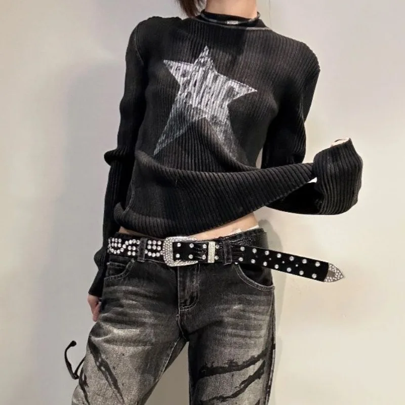 Top Trends: HOUZHOU Gothic Black Star Sweater Women Grunge Autumn Y2k Vintage O-neck Knitted Pullover Goth Short Jumper Kpop Korean Fashion Shoppable Styles