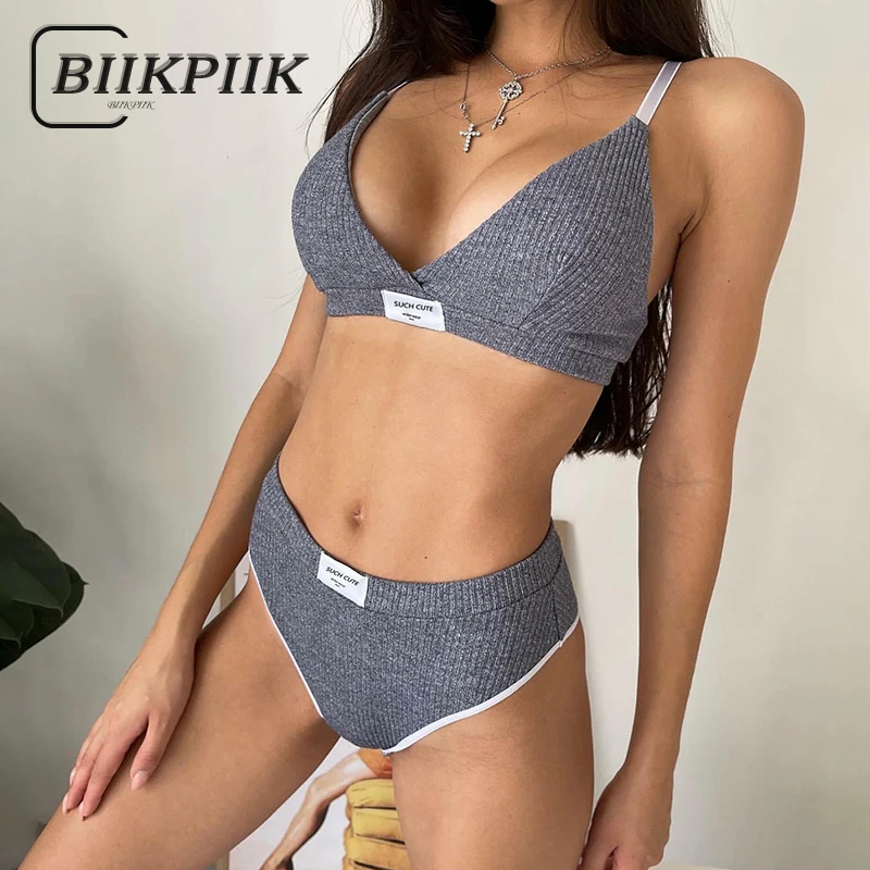 Top Trends: BIIKPIIK Grey Solid Sexy Bikini 2piece Sets Letter Embroidery Knit Crop + Low Waist Tracksuit Casual Basic Streetwear Outfits Shoppable Styles