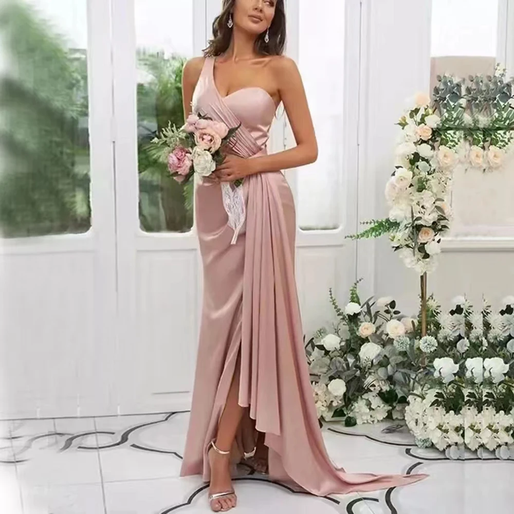 Top Trends: One-Shoulder Bridesmaid Dress Sexy High Split Backless Sleeveless Satin Dress Sweep Train Maid Of The Honor For Women Shoppable Styles