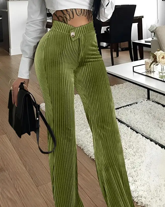 Top Trends: Women's Pants 2023 Summer Fashion Elegant Overlap Waist Corduroy Work Plain High Waist Long Straight Legs Pants Office Lady Shoppable Styles