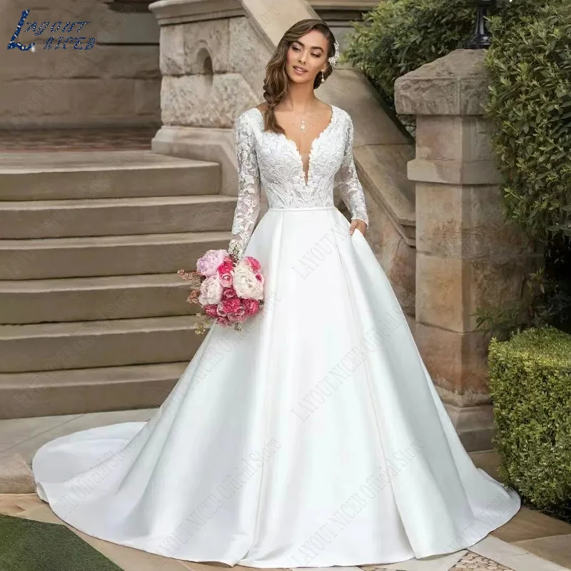 Top Trends: LAYOUT NICEB Vintage Satin Bride Wedding Dress Women Pockets Lace V Neck Bridal Gown Long Sleeves Button Back Vestido Noiva Boho Shoppable Styles