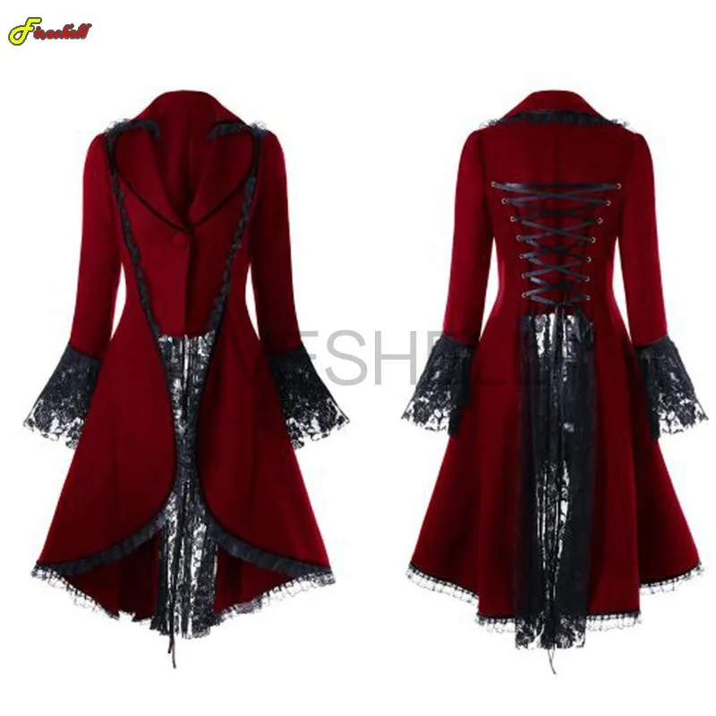 Top Trends: Women Medieval Steampunk Victorian Style Gothic Jacket Noble Court Retro Dress Halloween Costume Lace Trim Lace-up High Low Coat Shoppable Styles