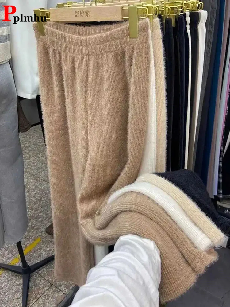 Top Trends: Women Warm Knitted Imitation Mink Wide Leg Pants Casual Thicken Plush Velvet Baggy Straight Pantalon Winter Oversized Pantalones Shoppable Styles