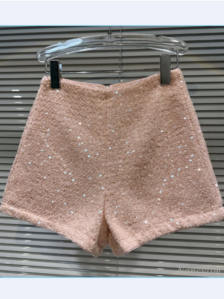 Top Trends: 2023 Autumn Wool Shorts Womens New Shiny Sequined Tweed Solid Color Slim Straight Three Points Shorts White Black Pink Shoppable Styles