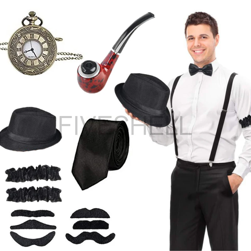 Top Trends: 1920s Mens Great Gatsby Party Cosplay Costume Suit Men Gangster Party Props Hat Cigar Suspender Pocket Watch Accessories Set Shoppable Styles