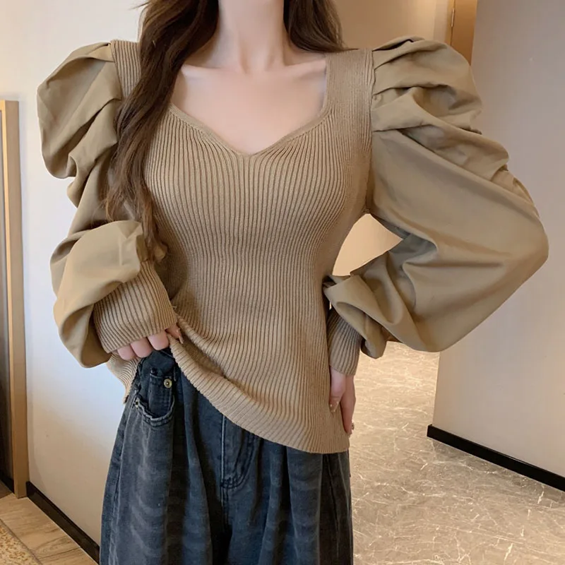 Top Trends: Sweet V-Neck Knitted Spliced Folds Puff Sleeve Blouses Women&#039;s Clothing 2023 Autumn Winter Loose Casual Pullovers Korean Shirts Shoppable Styles