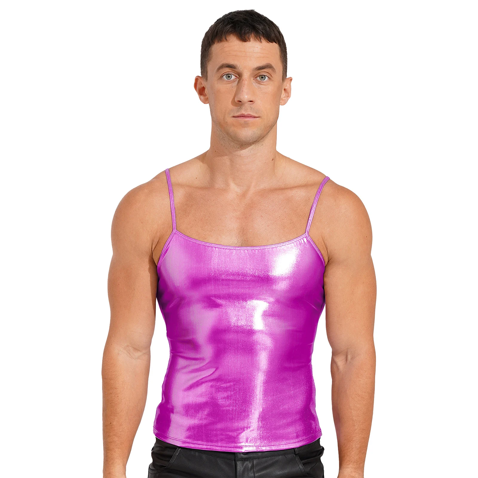 Top Trends: Mens Shiny Patent Leather Spaghetti Straps Sleeveless Vest Top Metallic Yoga Jazz Dance Hip Hop Costume Performance Camisole Shoppable Styles - Image 4