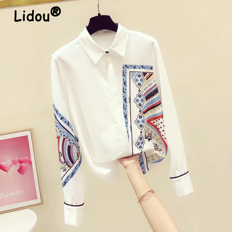 Top Trends: Spring Autumn Chiffon Polo Neck Shirts Pure White Loose Trend Office Lady Fashion Elegant Design Sense Long Sleeved Satin Blouse Shoppable Styles