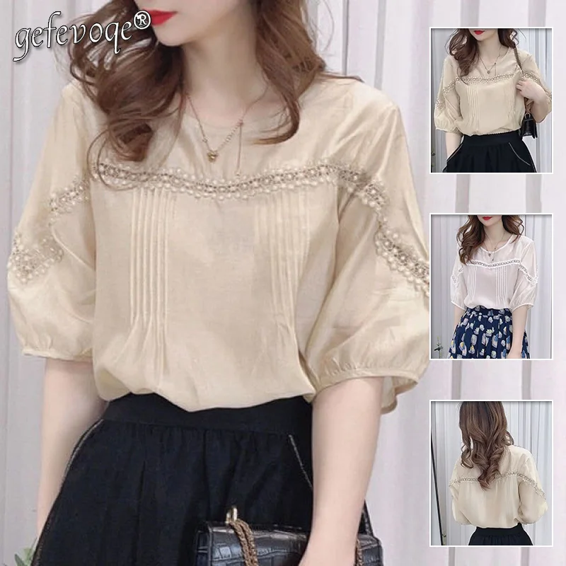 Top Trends: Elegant Lace Patchwork Solid Color Chiffon Shirts Spring Summer 2023 O-Neck Half Sleeve Loose Pullovers Blouse Women&#039;s Clothing Shoppable Styles