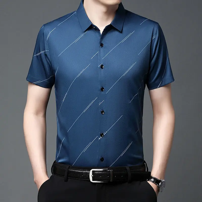 Top Trends: Business Office Casual Short Sleeve Printed Shirt For Men 2023 Summer Male Clothes All-match Single-breasted Polo-Neck Shirt Shoppable Styles - Image 4