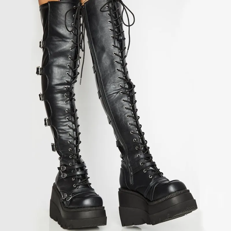 Top Trends: Brand Design Big Size 43 Shoelaces Cosplay Motorcycles Boots Buckles Platform Wedges High Heels Thigh High Boots Women Shoes Shoppable Styles