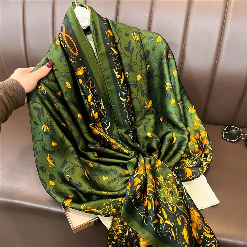 Top Trends: 2022 Fashion Brand Women Silk Scarf Luxury Dark Green Aztec Floral Pashmina Shawls Wrap Soft Foulard Femme Muslim Hijab 180*90Cm Shoppable Styles