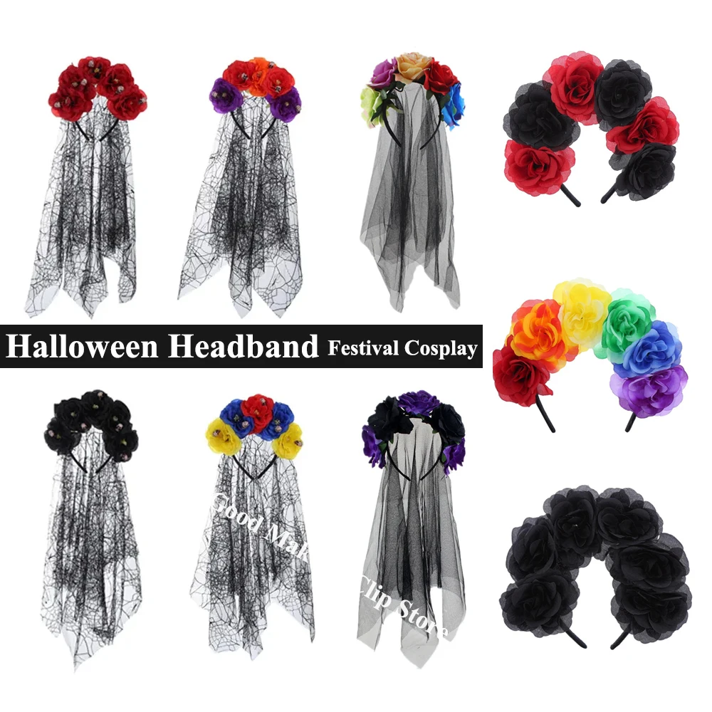 Top Trends: Halloween Gothic Skull Flower Headband For Women Girls Party Cosplay Spider Web Veil Day Of The Dead Headband Horror Headwear Shoppable Styles