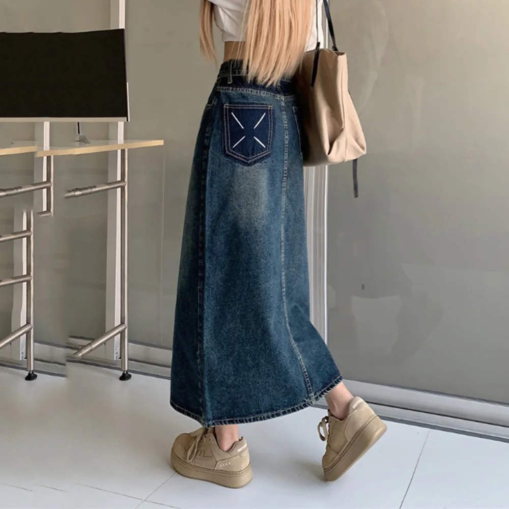 Top Trends: S-5XL New Women Long Denim Skirt Summer Fashion High Waist Split Chic Pocket Loose Jeans Skirt Spring Casual Plus Size Skirt Shoppable Styles