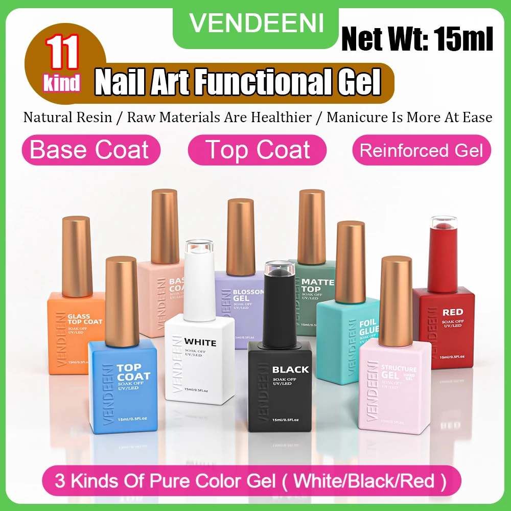 Top Trends: Vendeeni 11 Kinds Nail Function Base Top Coat Gel Nail Polish Semi Permanent Black White Red Color Gel Nail Soak Off Gel Varnish Shoppable Styles