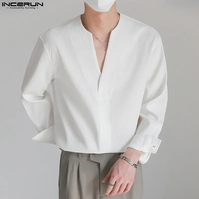 Top Trends: 2023 Fashion Men Shirt Solid Color Loose V Neck Long Sleeve Men Clothing Streetwear Korean Style Casual Shirts Men S-5XL INCERUN Shoppable Styles