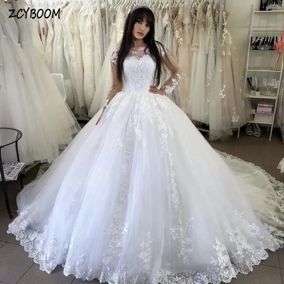 Top Trends: Elegant White O-Neck Appliques Long Sleeves Wedding Dress 2023 Ball Gown Floor Length Sweep Train Tulle Lace Up Bridal Gown Shoppable Styles