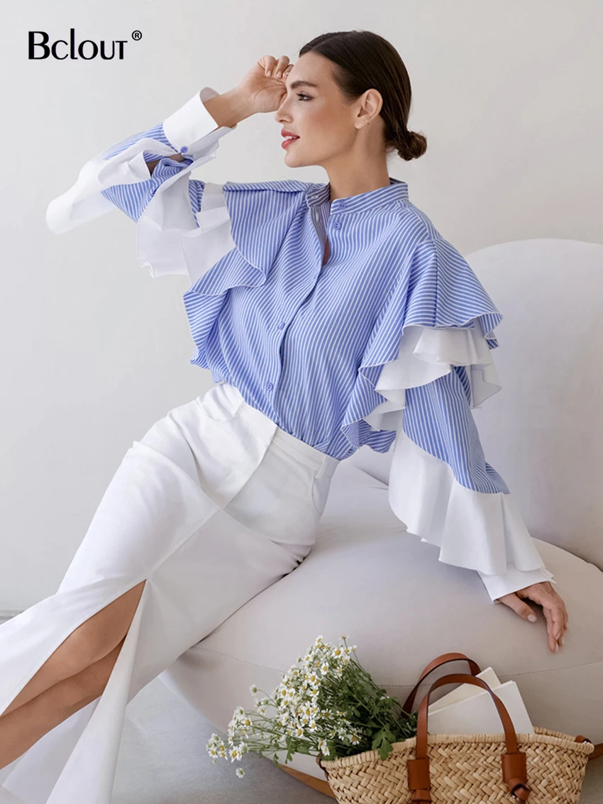 Top Trends: Bclout Autumn Blue Patchwork Shirts Women 2024 Elegant Ruffled Sleeve Office Lady Tops Fashion Striped Loose Party Blouses Chic Shoppable Styles - Image 3