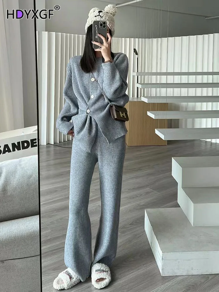 Top Trends: Solid Color Casual Chic Diagonal Buckle Knit Women Sweater+ high Waist Loose Straight Pant Fall Winter Korean Style Two Piece Set Shoppable Styles