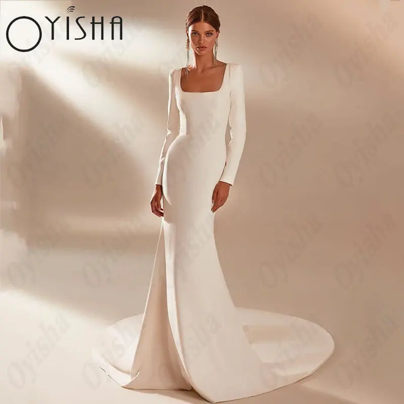 Top Trends: OYISHA Square Collar Satin Wedding Dresses Simple Mermaid Full Sleeves White Bridal Gowns For Woman Gorgeous Vestido De Mariages Shoppable Styles