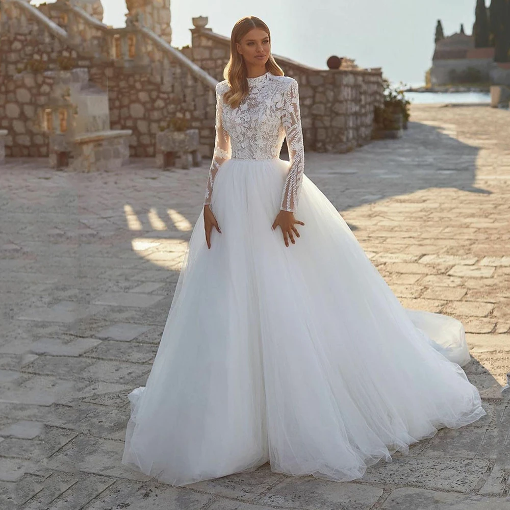 Top Trends: 2023 Grace Pretty Luxury Princess Wedding Dresses Modest O Neck Long Sleeves Muslim Bride Dresses Bridal Gown Vestidos De Novia Shoppable Styles