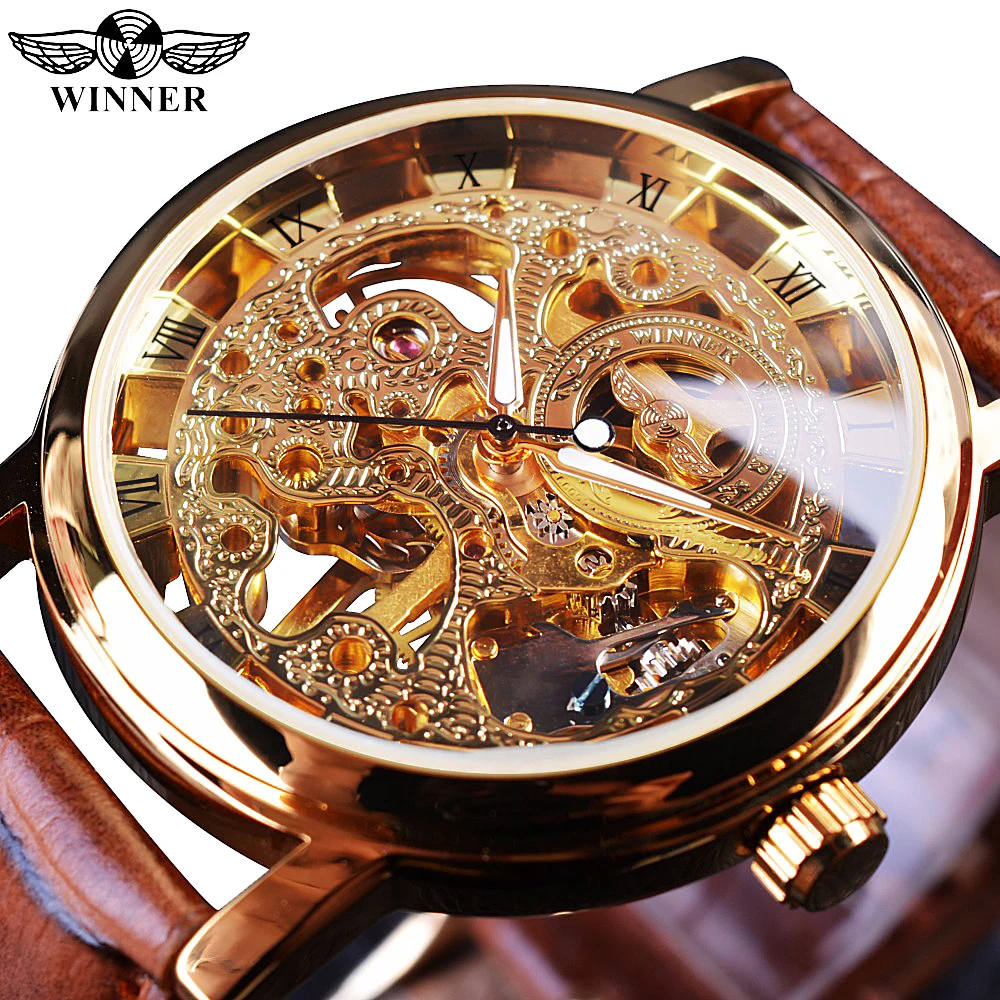 Top Trends: Winner Transparent Golden Case Luxury Casual Design Brown Leather Strap Mens Watches Top Brand Luxury Mechanical Skeleton Watch Shoppable Styles