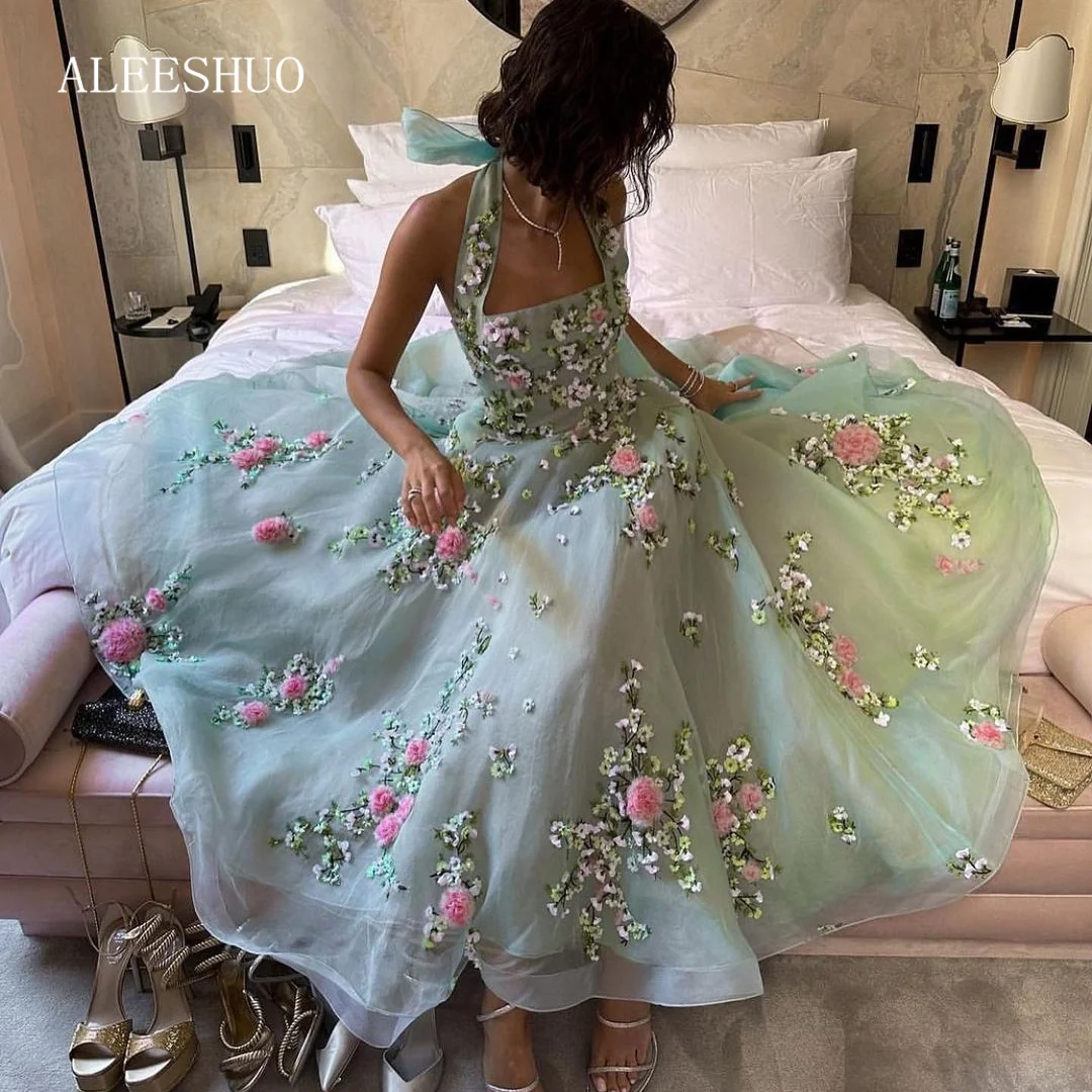 Top Trends: Aleeshuo Green Halter Square Collar Evening Dress Sleeveless Tulle A Line Graduation Dress 3D Flowers Princess Zipper Prom Gown Shoppable Styles