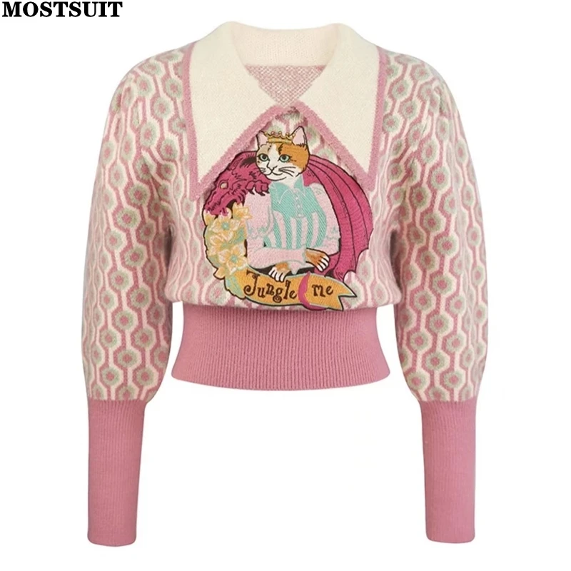 Top Trends: Pink Cartoon Embroidered Sweater Pullover Women Vintage Elegant Stylish Ladies Tops Autumn Winter Long Sleeve Fashion Jumpers Shoppable Styles