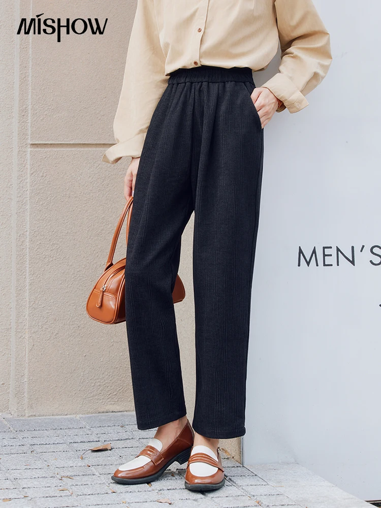 Top Trends: MISHOW Corduroy Straight Pants For Women 2023 Autumn Casual Elastic High Waist Pocket Solid Ankle Length Pencil Pants MXC47K0466 Shoppable Styles