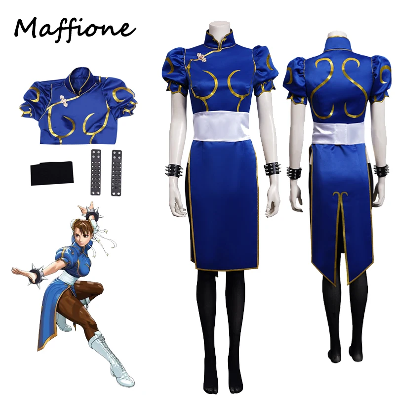 Top Trends: Chun Li Cosplay Dress Costume Game SF Role Play Blue Skirts Outfit Women Full Set Female Halloween Party Disguise Suit For Lady Shoppable Styles