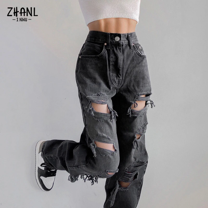 Top Trends: Brown Women Straight Pants Vintage Black Ripped Jeans Fashion Streetwear Hole Hip Hop High Waist Pants Y2k Denim Trousers Ladies Shoppable Styles