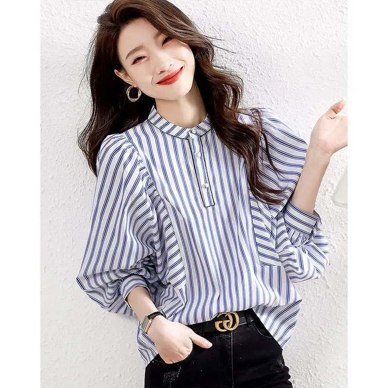 Top Trends: Fashion O-Neck Button Striped Lantern Sleeve Shirts Women&#039;s Clothing 2023 Autumn Winter Loose Casual Tops Commuter Blouses Shoppable Styles