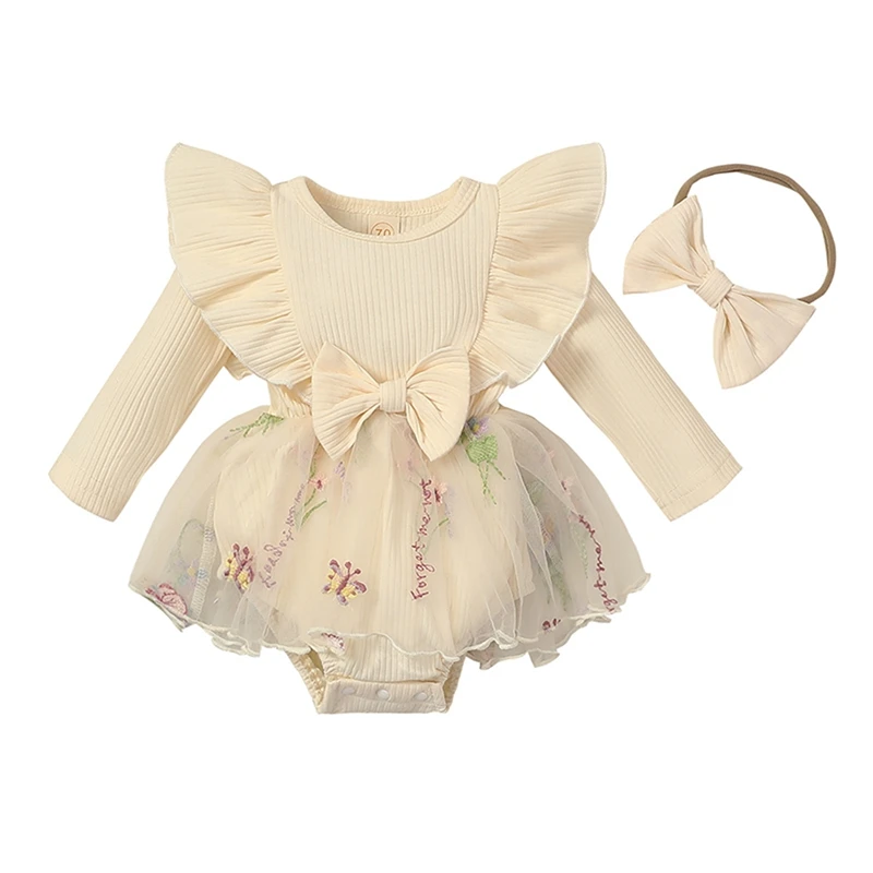 Top Trends: BeQeuewll Infant Girl Rompers Dress Rib Knit Butterfly Flower Embroidery Skirt Jumpsuits Newborn Clothes Bodysuits With Headband Shoppable Styles