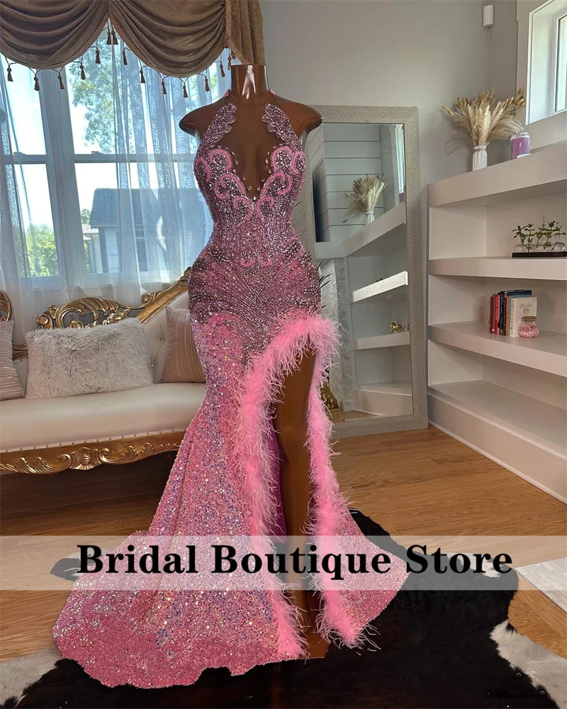 Top Trends: Sexy Diamonds Pink Prom Dress Glitter Crystals Beads Rhinestones Sequins Feathers Evening Party Dress Wedding Reception Gowns Shoppable Styles