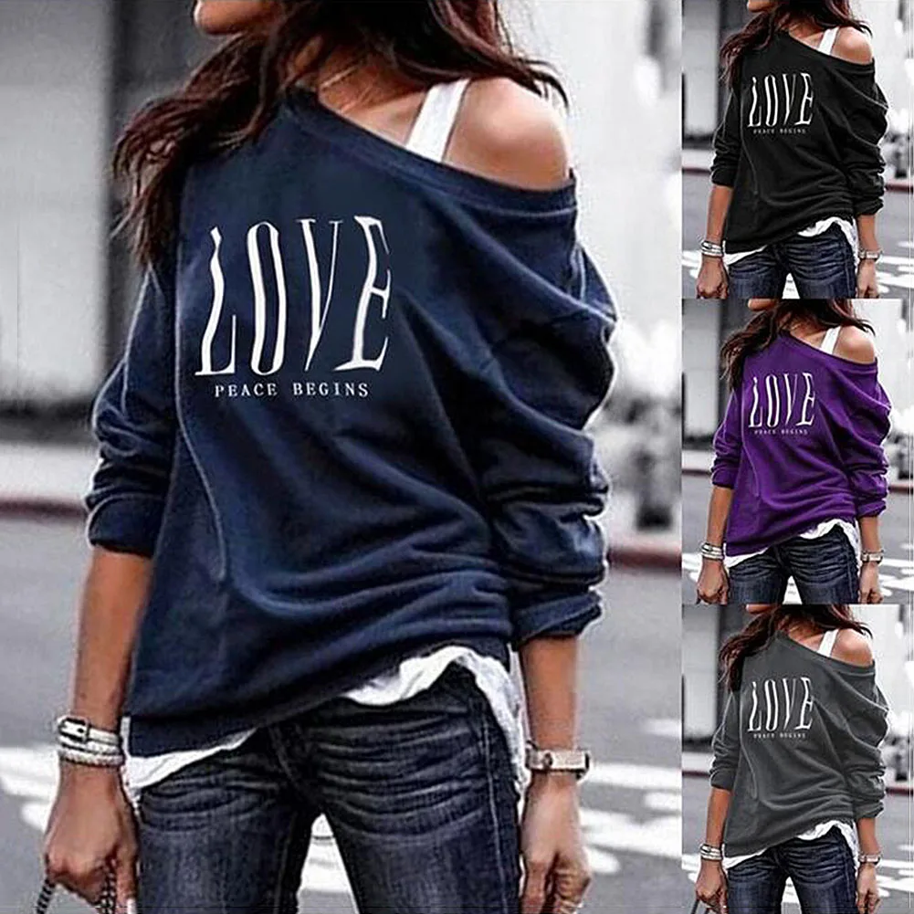 Top Trends: Women Spring Sweatshirts 2022 Sexy One Off Shoulder LOVE Letters Print Sweatshirt Long Sleeve T-shirt Oversized Hoodie Sudaderas Shoppable Styles