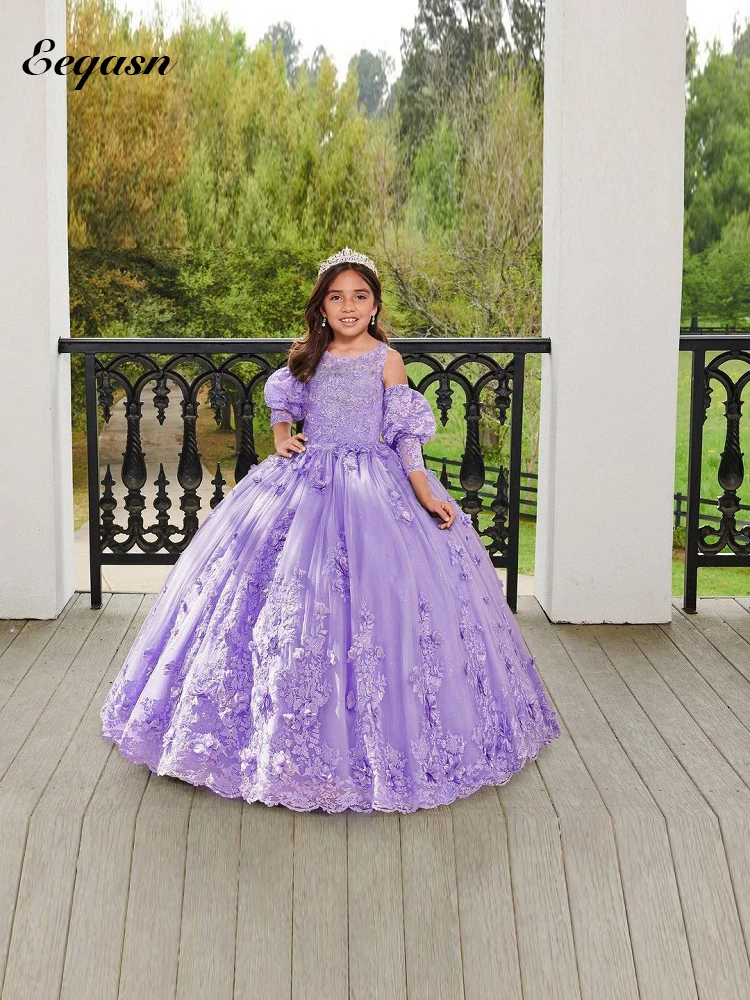 Top Trends: Puffy Princess Tulle Flower Girl Dress For Kids Luxury Lilac Applique Lace Birthday Party Gown Pageant Dresses Shoppable Styles