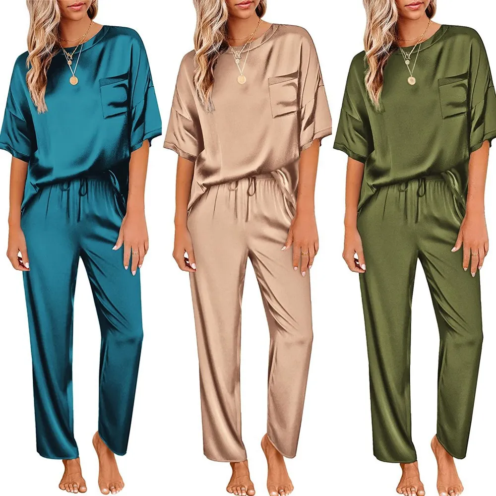 Top Trends: Summer Ladies Set Solid Color Satin Pajamas Homewear Short Sleeve Trousers Loose Casual Two-Piece Suit Shoppable Styles