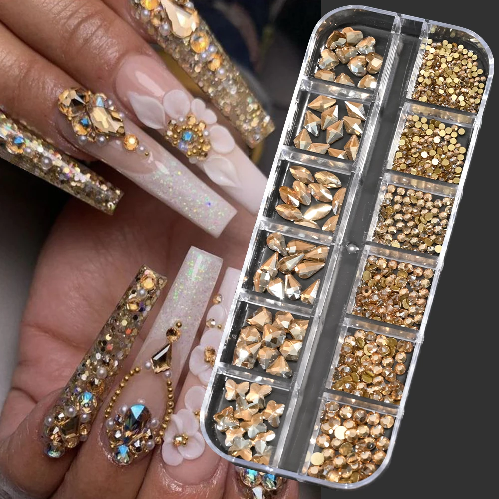 Top Trends: 12Grids Mixed-Shape Gold Diamond Nail Rhinestones Non Hot Fix Flatback Crystal Charms 3D Glitter Nail Rhinestones Maincure Decor Shoppable Styles