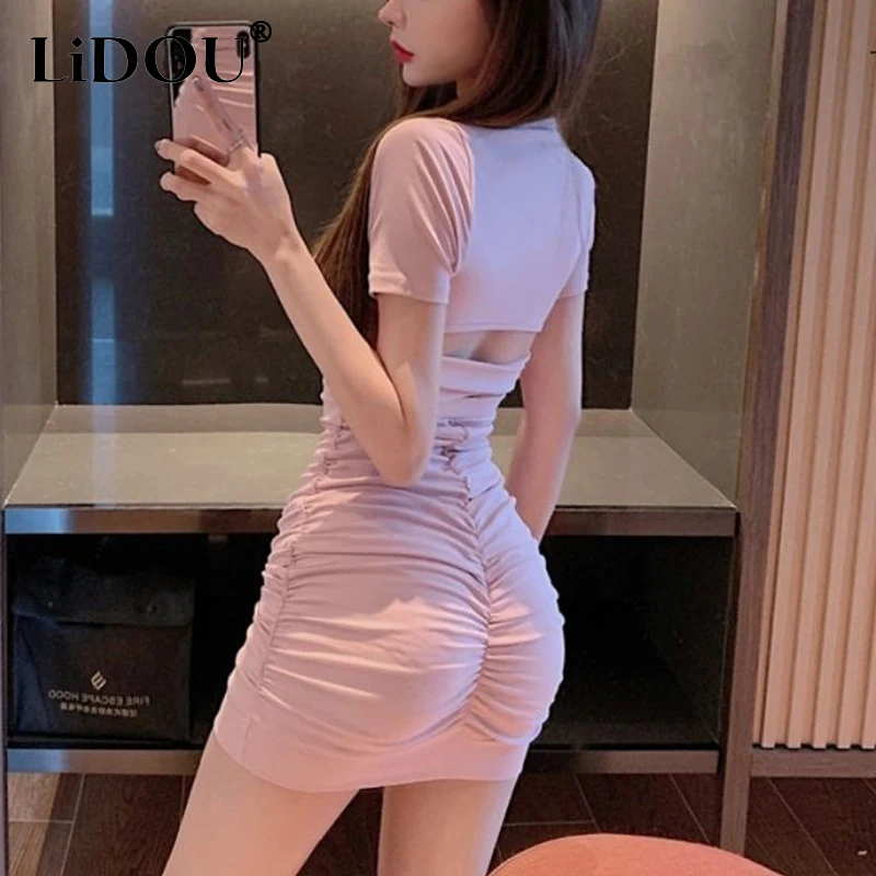 Top Trends: Summer Nightclub Fashion Hollow Out Bodycon Dress Ladies Solid Color Folds Mini Robe Femme Waist Party Vestido Women&#039;s Clothing Shoppable Styles