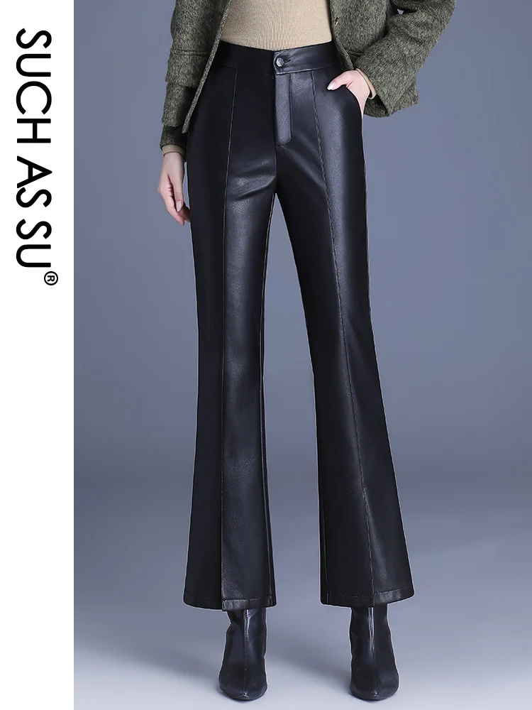 Top Trends: High Quality Women Pockets Pants 2023 Autumn Winter Slim Fit Ankle-Length PU Leather Elastic Waist Flare Split Trousers Female Shoppable Styles