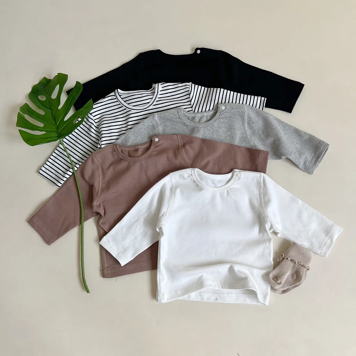 Top Trends: 2023 Autumn New Baby Long Sleeve T Shirt Cotton Boy Striped Bottoming Tops Girl Solid Simple Casual Pullover Infant Clothes Shoppable Styles