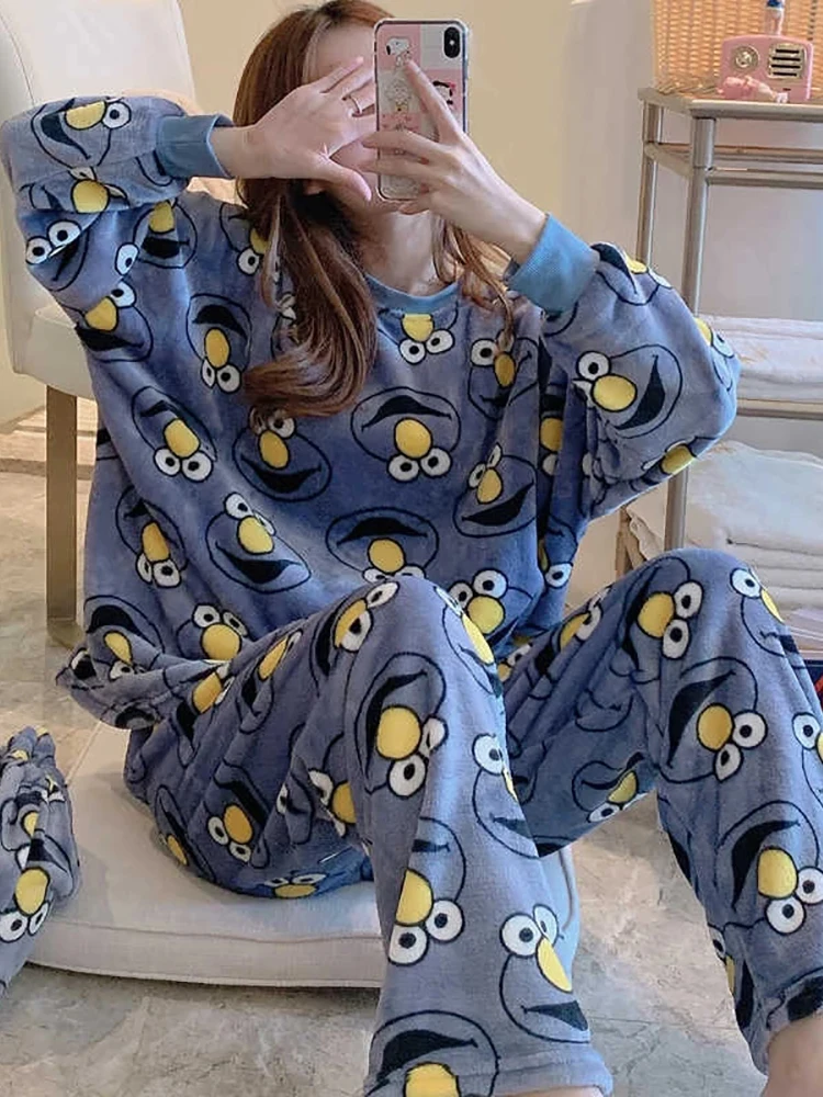 Top Trends: Winter Flannel Women Pajamas Sets Kawaii Cartoon Long Sleeve Sleepwear Warm Thick Coral Velvet Girl Home Pijamas Set New 2023 Shoppable Styles