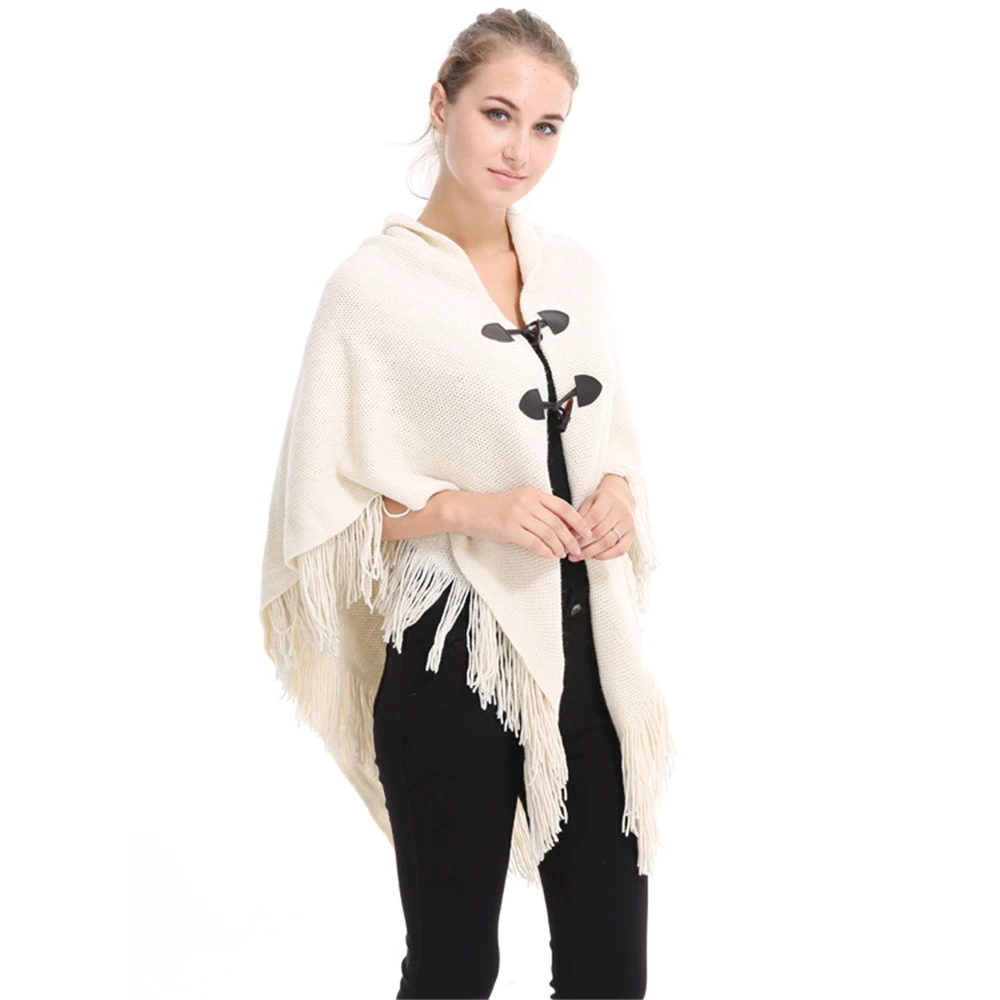 Top Trends: Women Spring Autumn Shawl Lady Knitted Tassel Wrap Solid Color Cardigan Loose Horn Buttons Sweater Fall Winter Poncho Wholesale Shoppable Styles