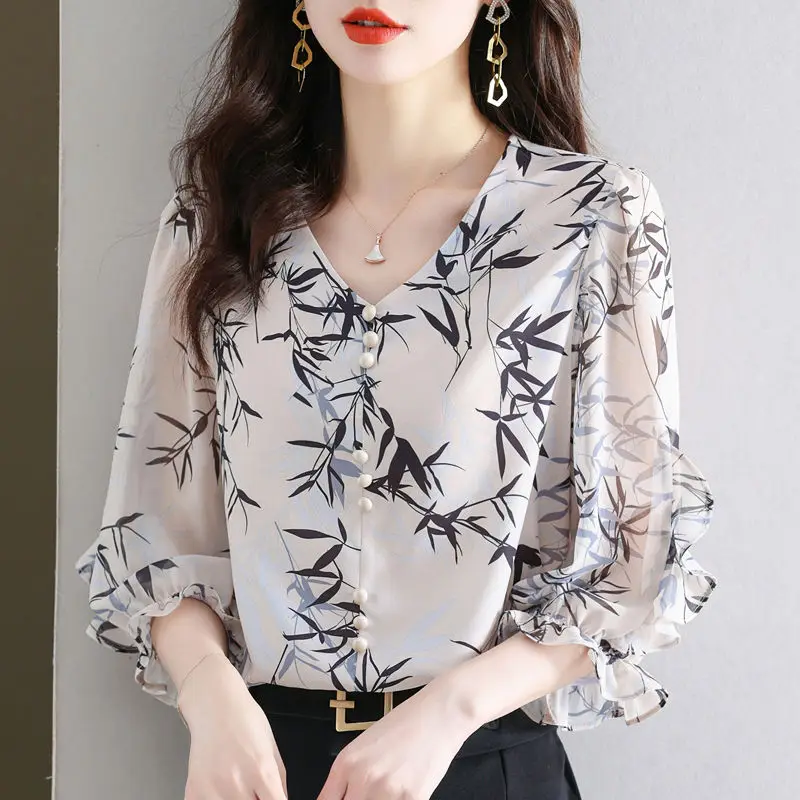 Top Trends: Summer Elegant Fashion Printed 3 / 4 Sleeve Shirt Women&#039;s Clothing Commute Loose Beading Spliced V-Neck Chiffon Blouse For Female Shoppable Styles