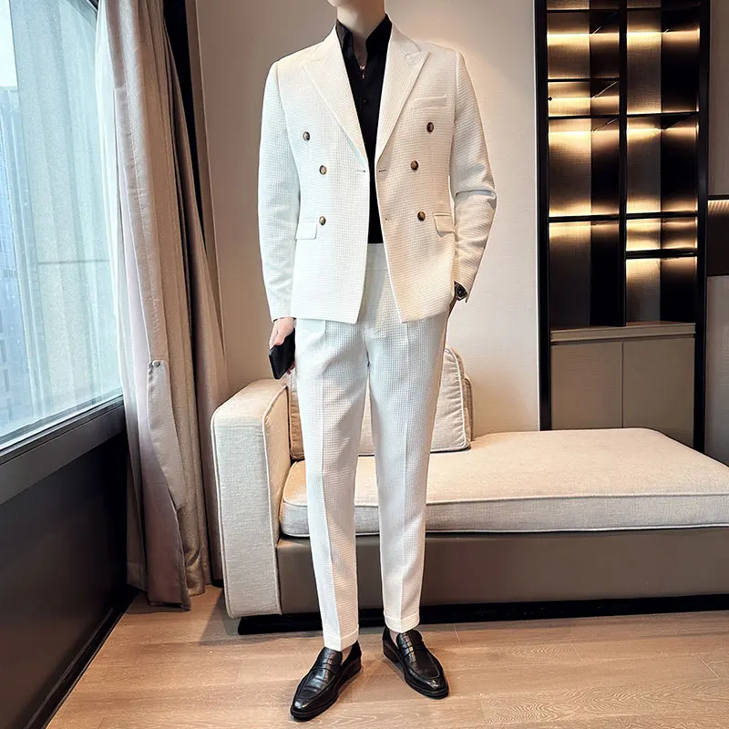 Top Trends: (Jacket+ Pants) Men Blazers High Quality Double Breasted Business Suits / Male Slim Fit Waffle Groom's Wedding Dress Casual Tuxedo Shoppable Styles - Image 4